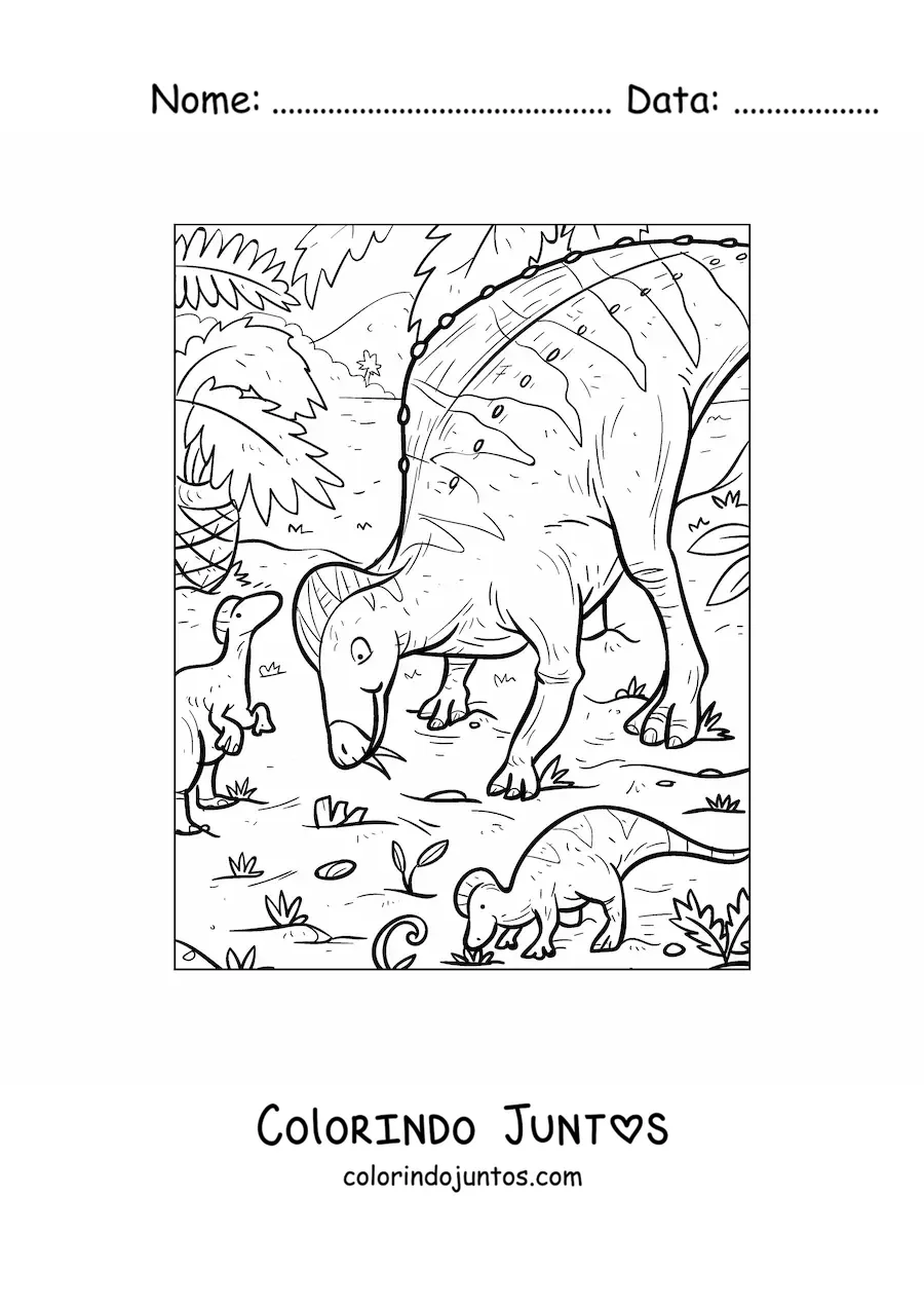Desenho para colorir de dinossauro herbívoro com seus bebês