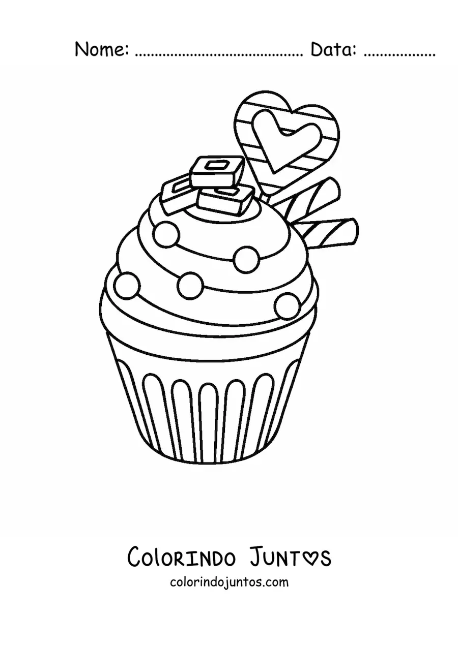 Desenho para colorir de um cupcake com um coracao e dois biscoitos canudo