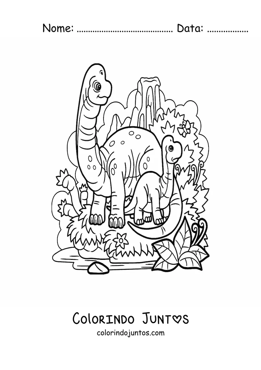 Desenho para colorir de dinossauro de pescoço comprido bebê com sua mamãe