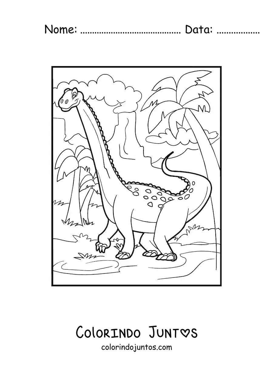 Desenho para colorir de dinossauro brontossauro em seu habitat