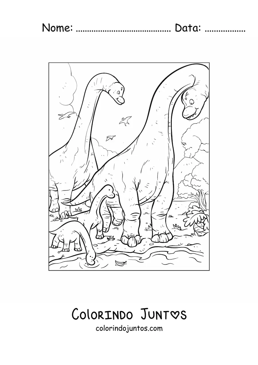 Desenho para colorir de dinossauros de pescoço comprido com seus bebês em seu habitat