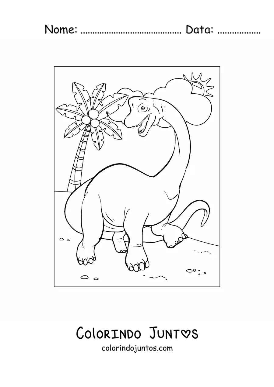 Desenho para colorir de dinossauro de pescoço comprido herbívoro animado caminhando