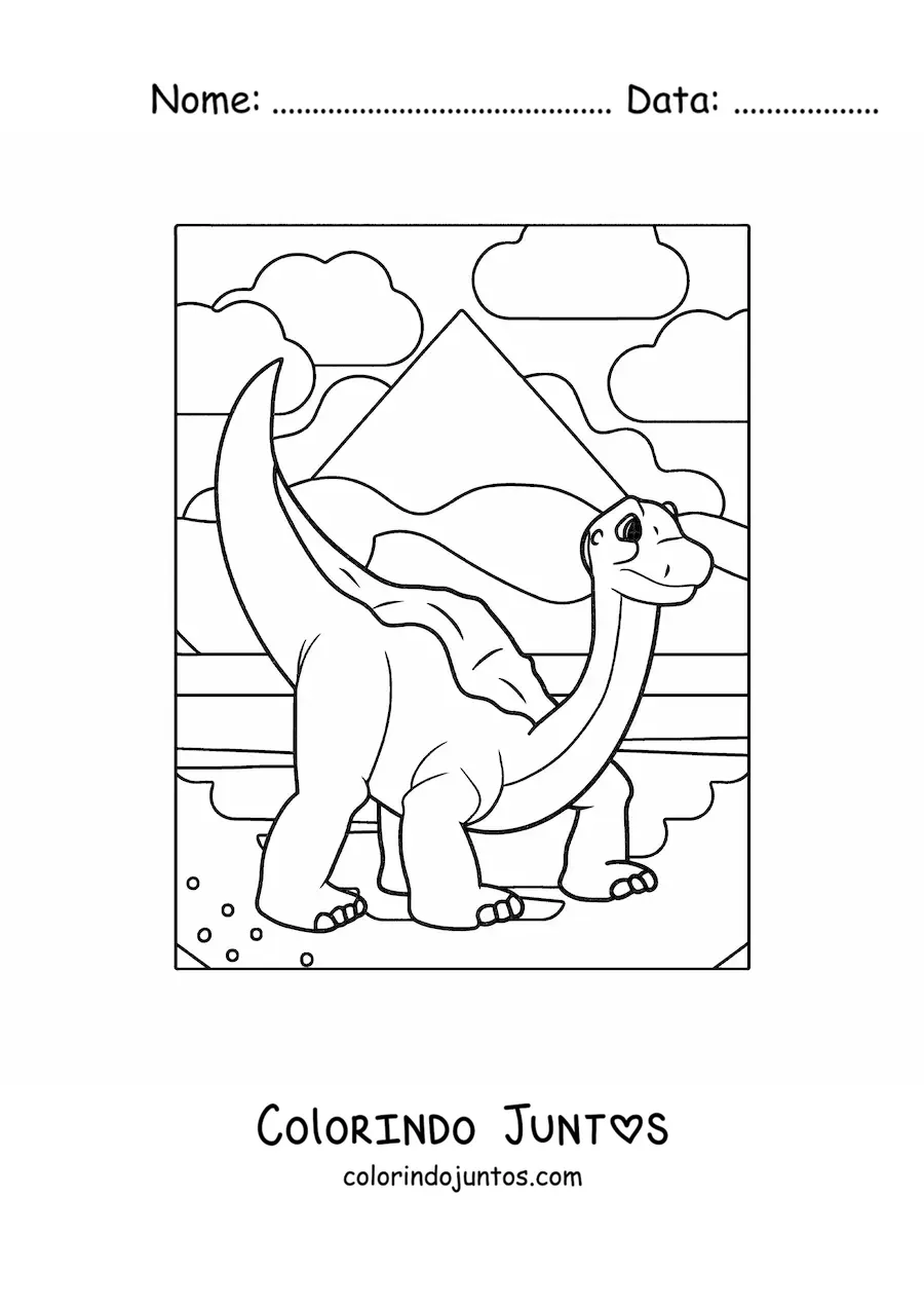 Desenho para colorir de dinossauro de pescoço comprido fofo em seu habitat