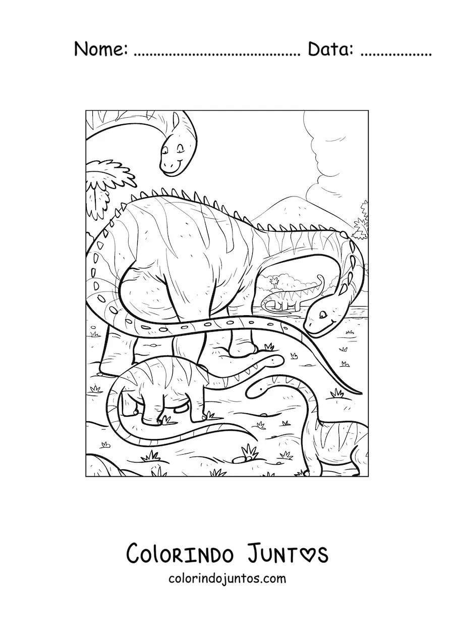 Desenho para colorir de dinossauro diplodocus de pescoço comprido e cauda comprida com seus bebês