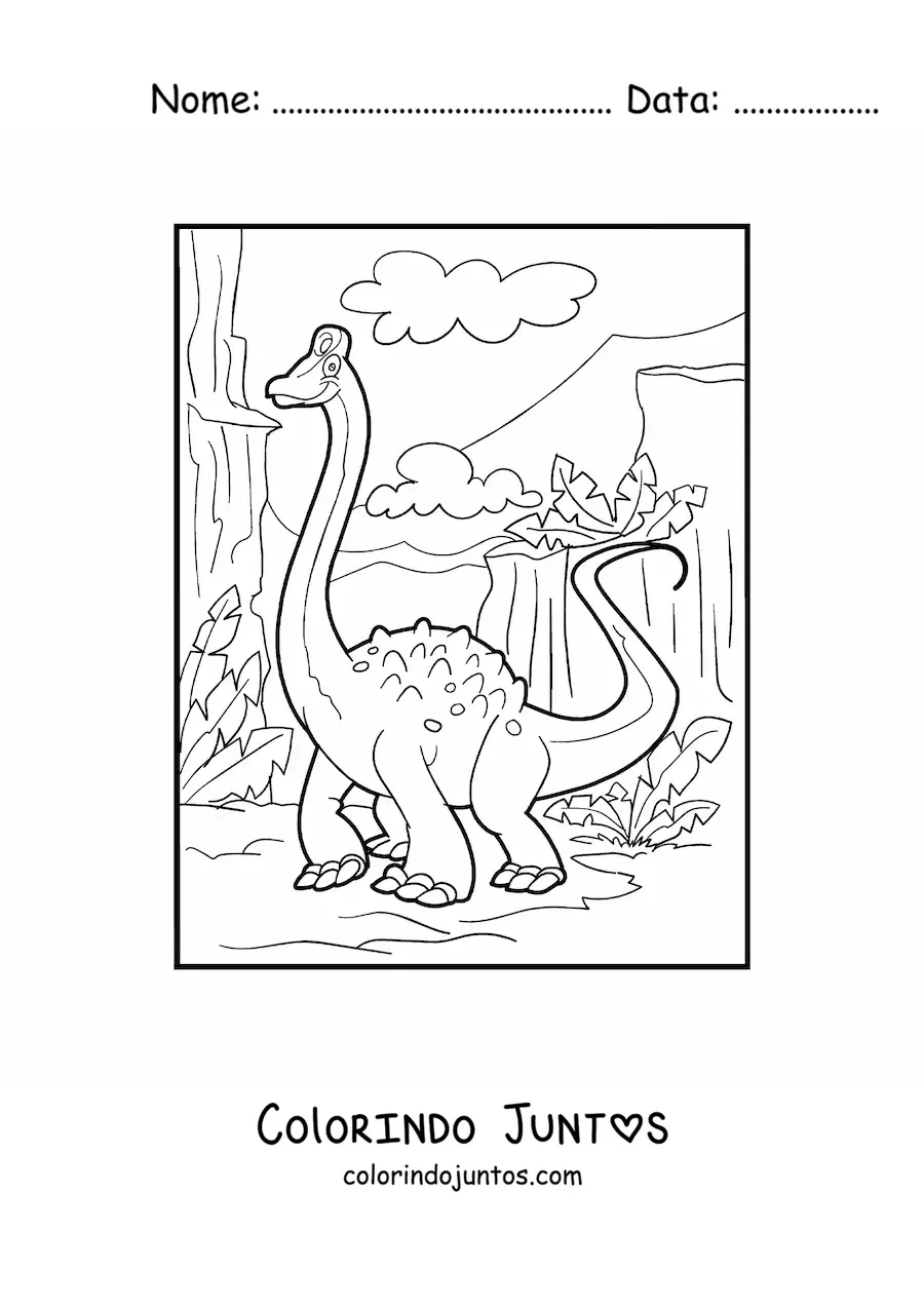 Desenho para colorir de dinossauro de pescoço comprido em seu habitat