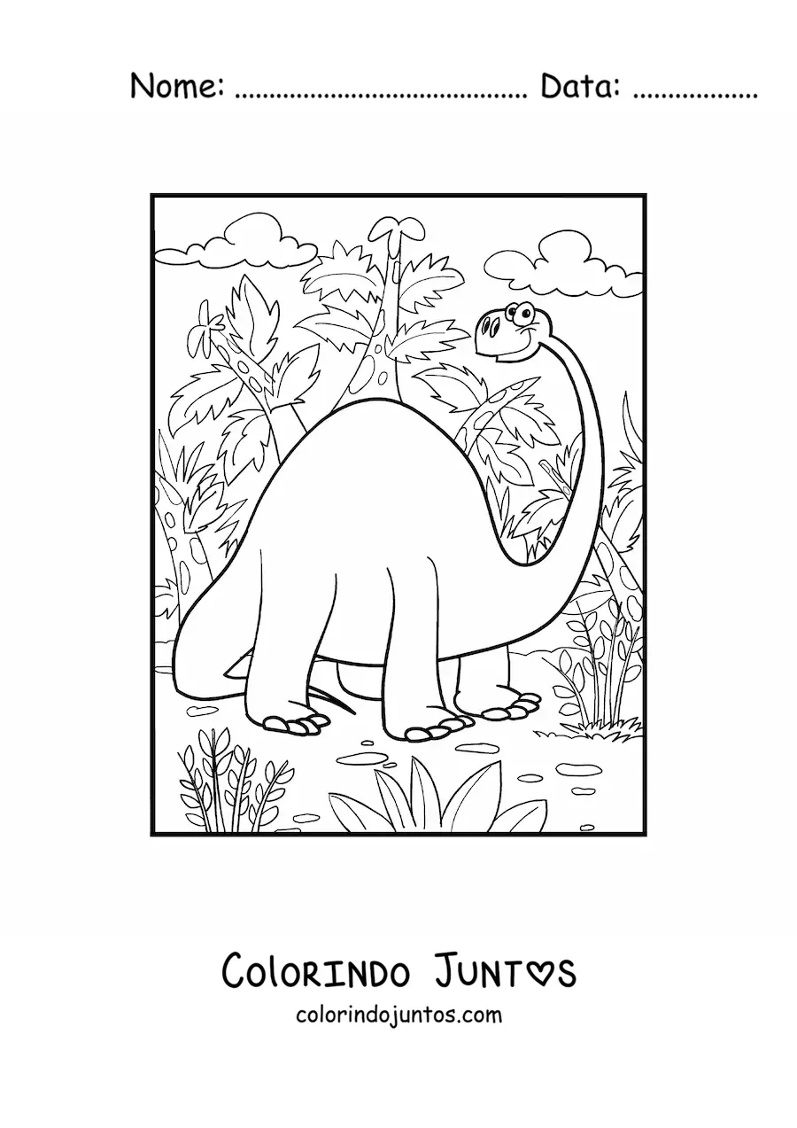 Desenho para colorir de dinossauro de pescoço comprido gigante em seu habitat