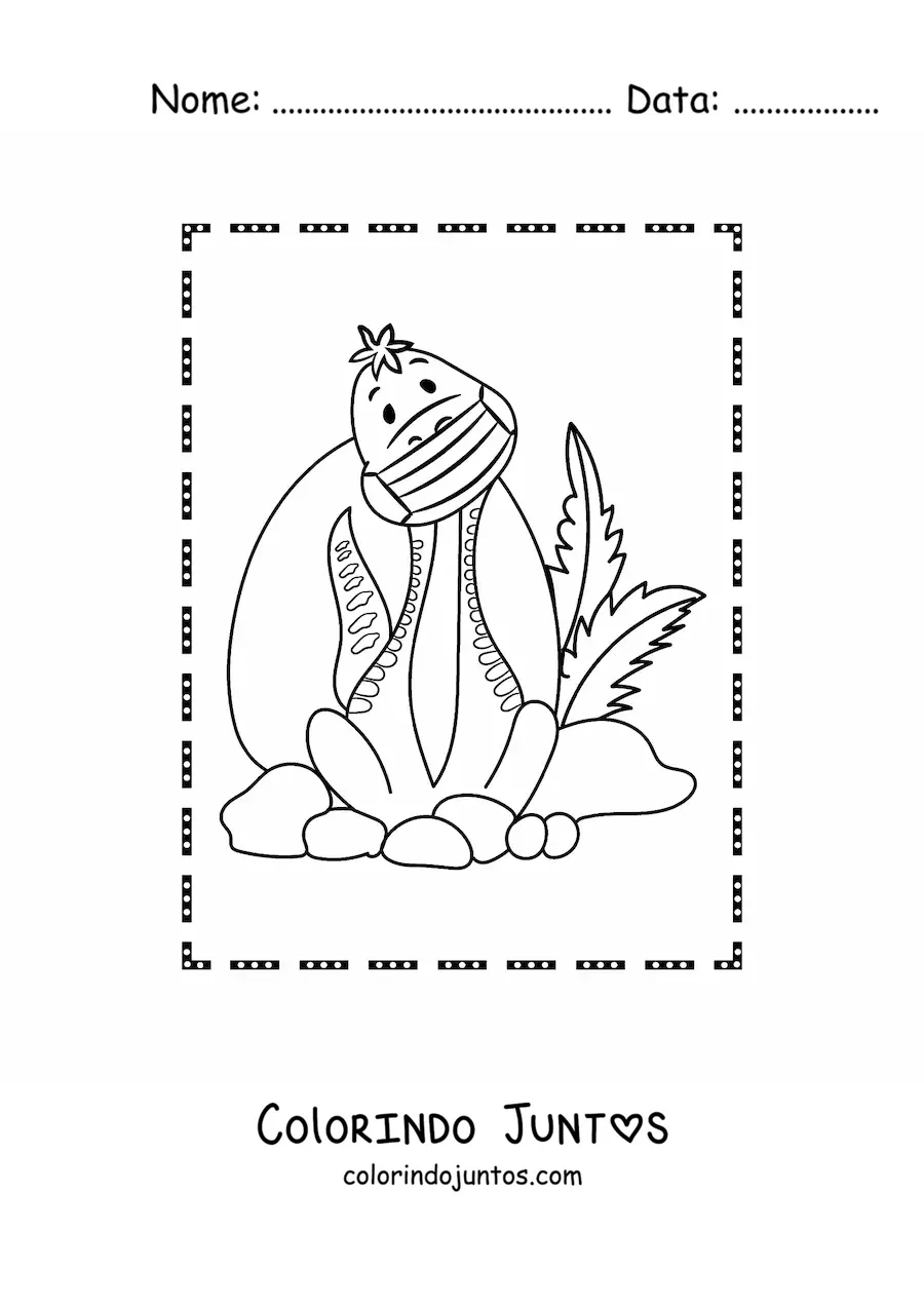 Desenho para colorir de dinossauro de pescoço comprido animado sentado com máscara