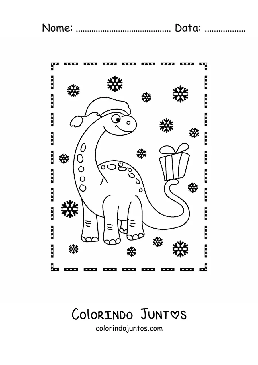 Desenho para colorir de dinossauro de pescoço comprido animado com presente de Natal