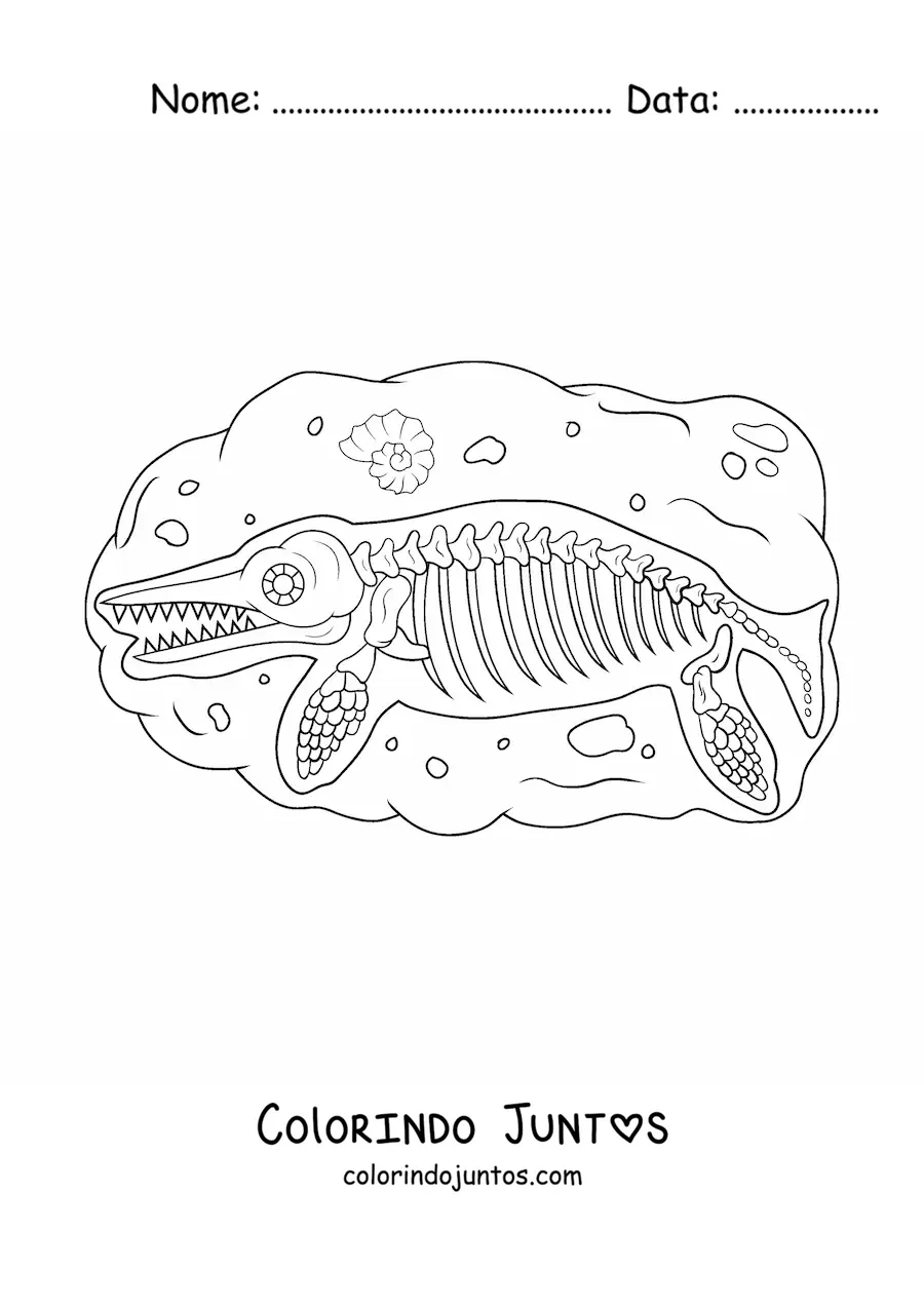 Desenho para colorir de fóssil de um dinossauro aquático