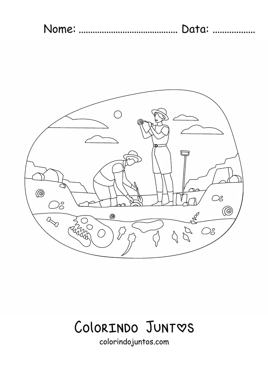 Desenho para colorir de paleontólogos escavando fósseis de dinossauros