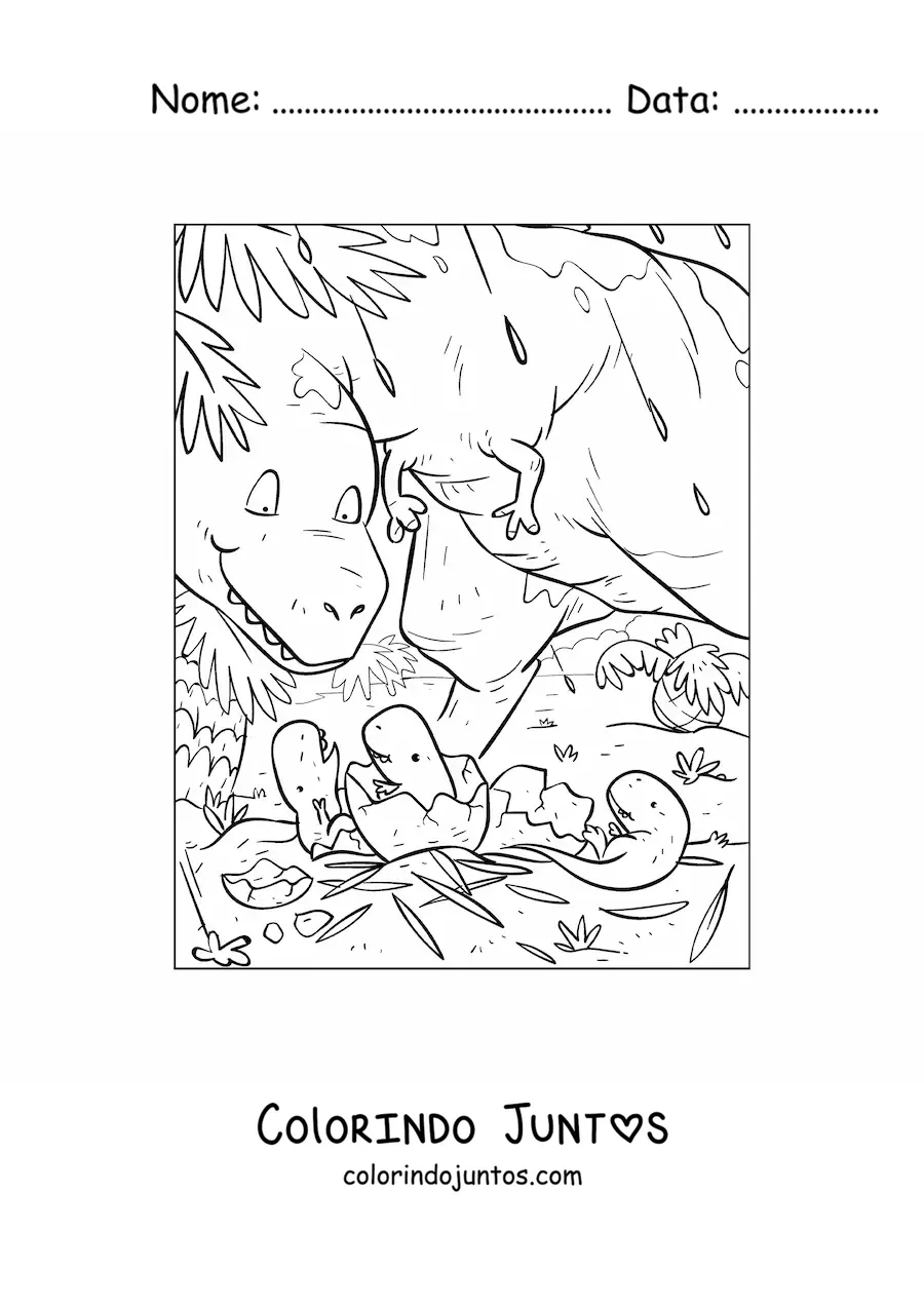 Desenho para colorir de mamãe dinossauro com seus bebês recém-nascidos