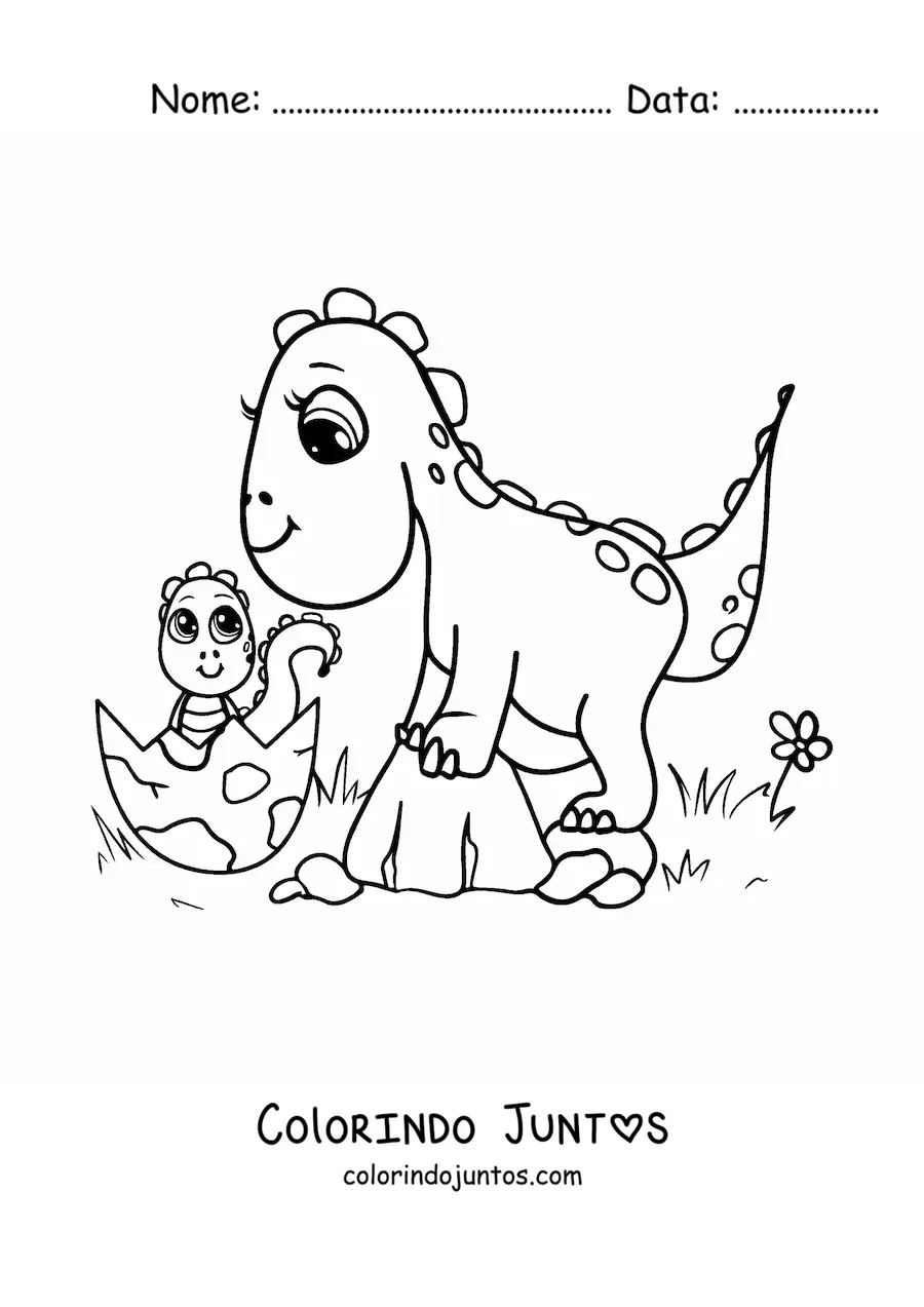 Desenho para colorir de mamãe com dinossauro bebê kawaii saindo do ovo