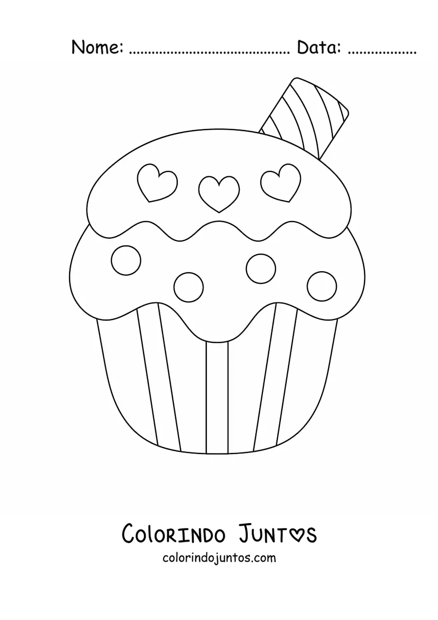 Desenho para colorir de um cupcake com coracoes no glace e um biscoito canudo