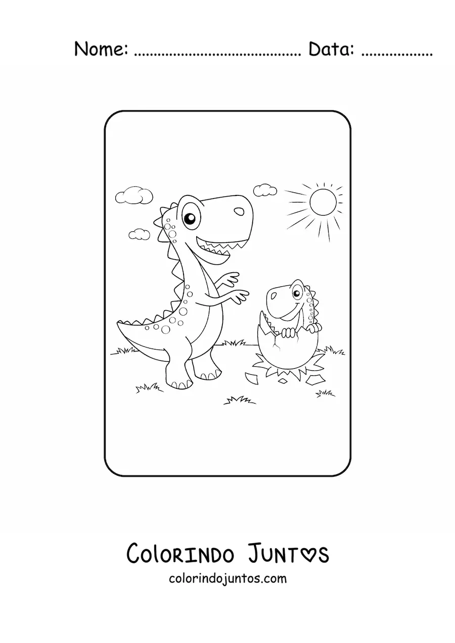 Desenho para colorir de tiranossauro animado com seu bebê saindo do ovo