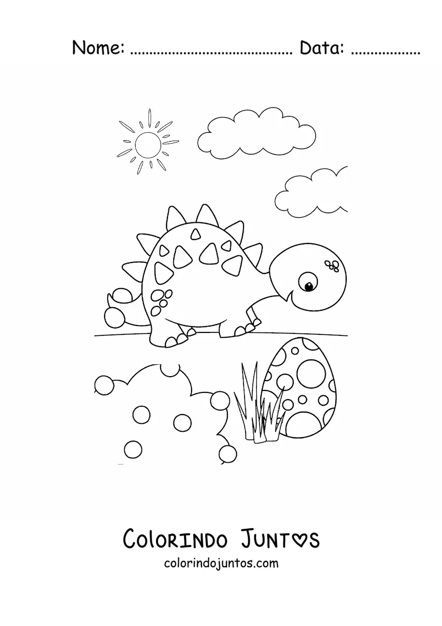 Desenho para colorir de dinossauro animado com um ovo