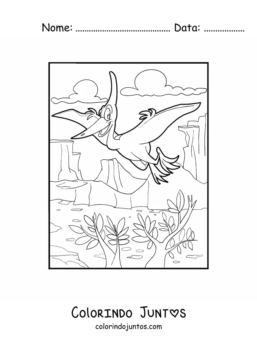Desenho para colorir de pterossauro animado voando