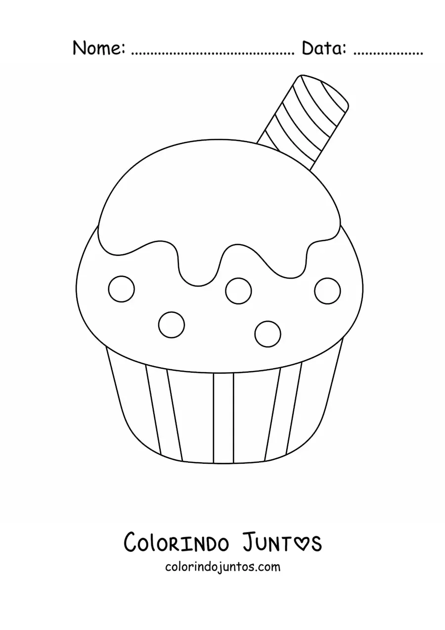 Desenho para colorir de um cupcake com um biscoito canudo