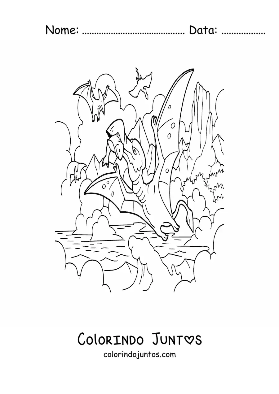 Desenho para colorir de dinossauro voador carnívoro caçando