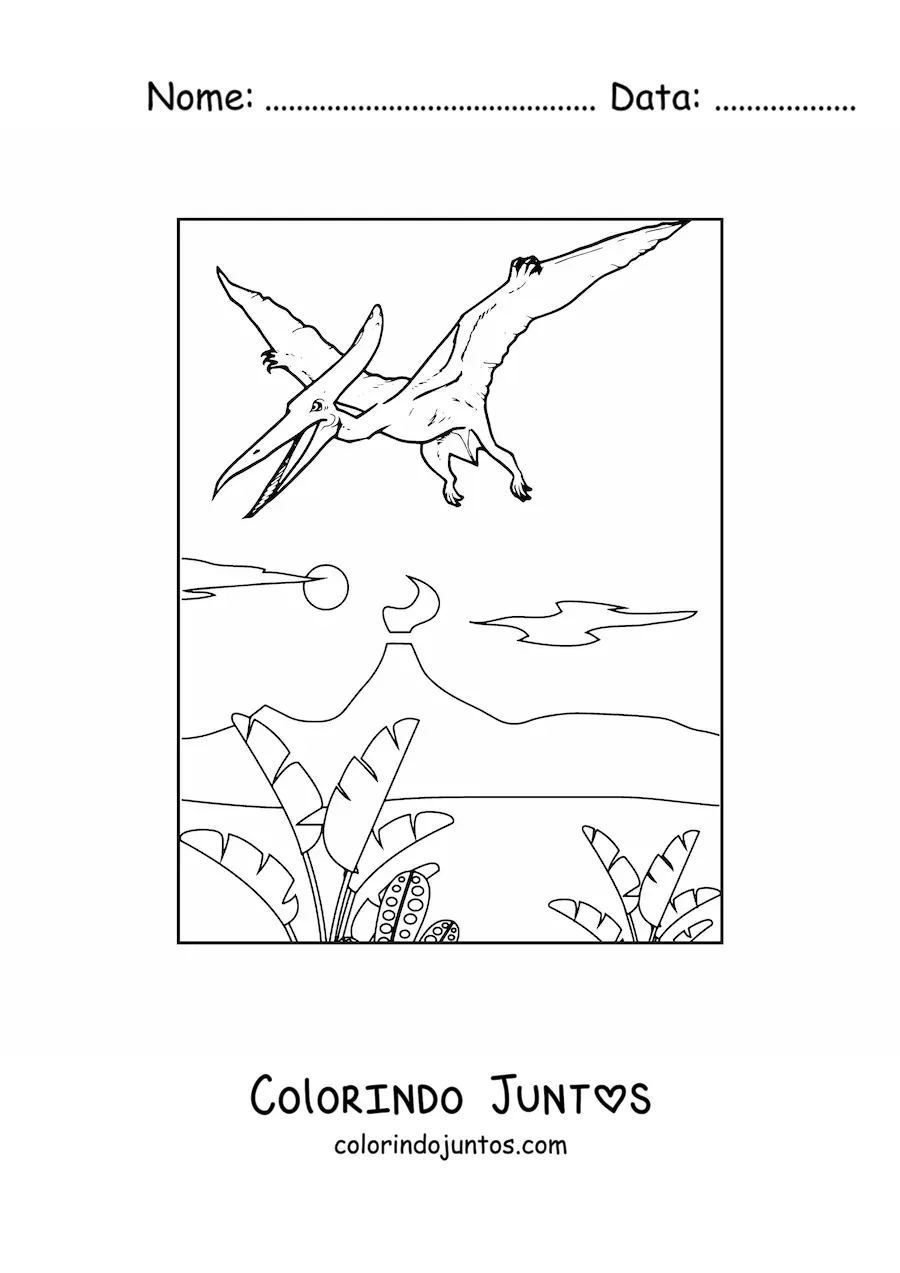 Desenho para colorir de dinossauro voador voando em seu habitat