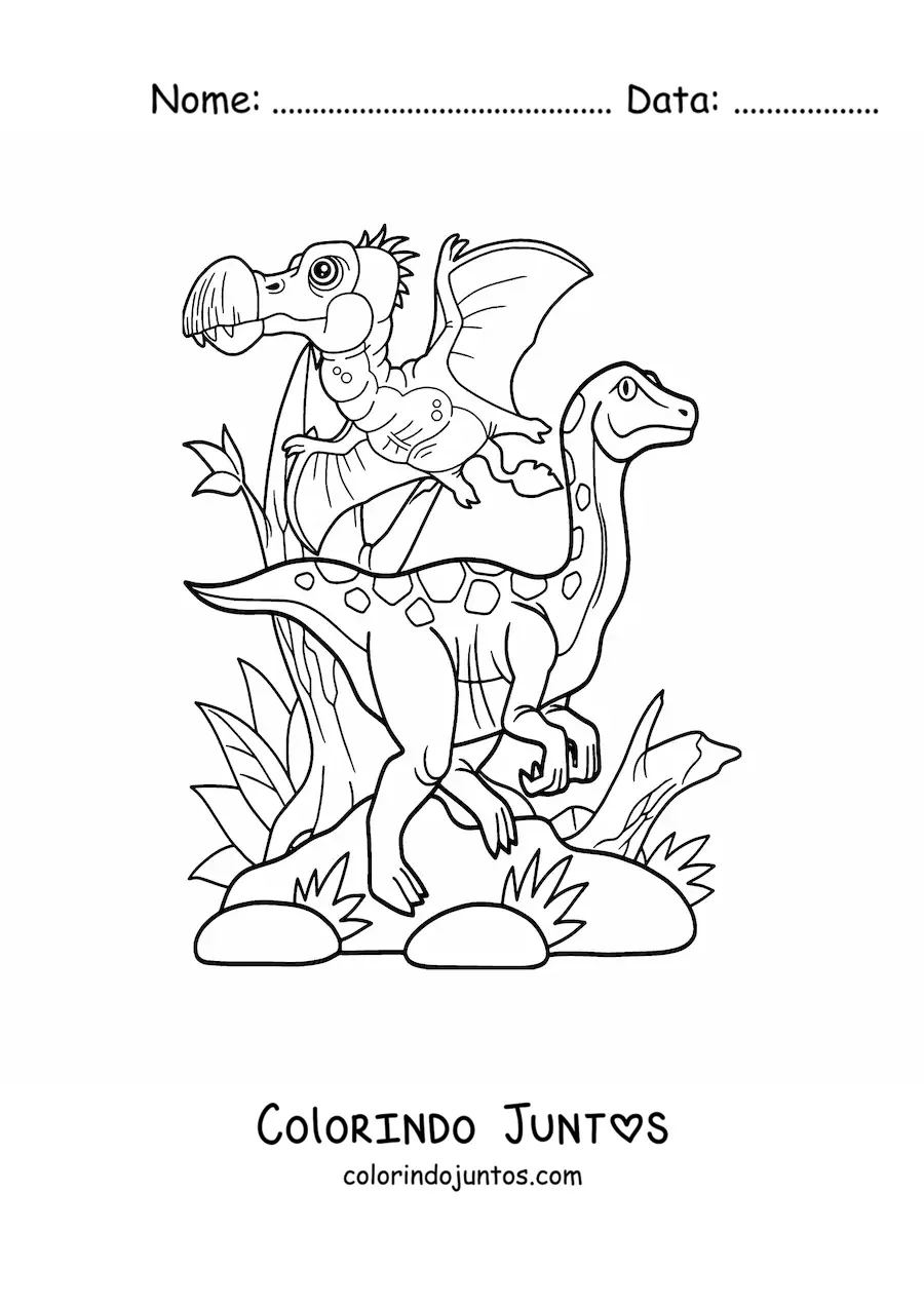 Desenho para colorir de dinossauro voador com dinossauro terrestre