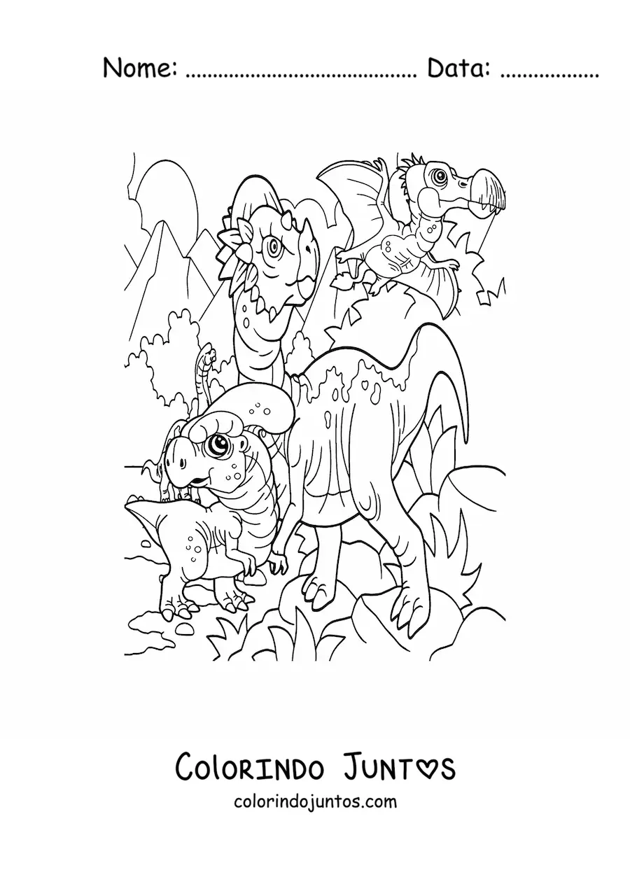 Desenho para colorir de dinossauro voador e dinossauros terrestres