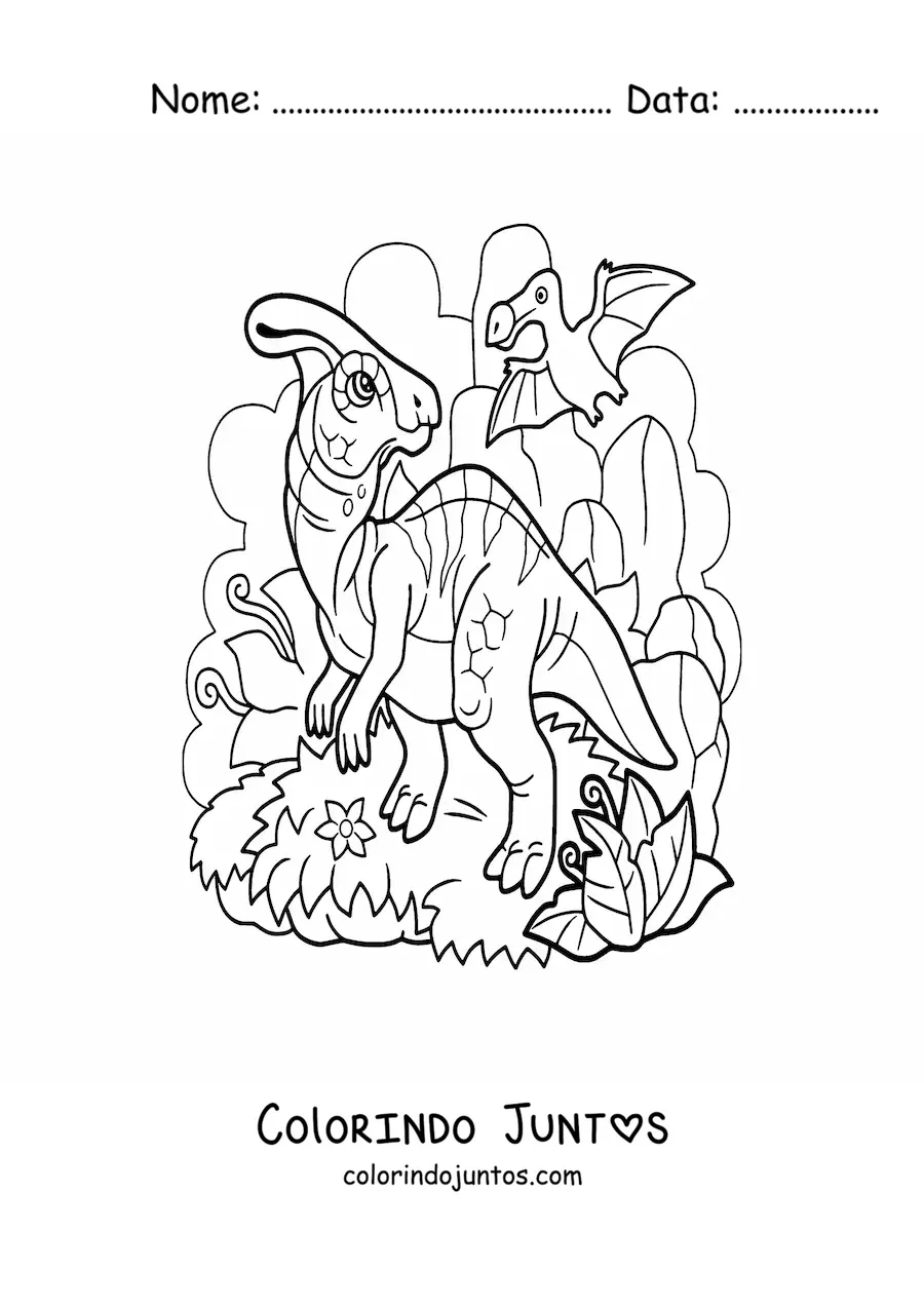 Desenho para colorir de dinossauro voador carnívoro e dinossauro terrestre herbívoro