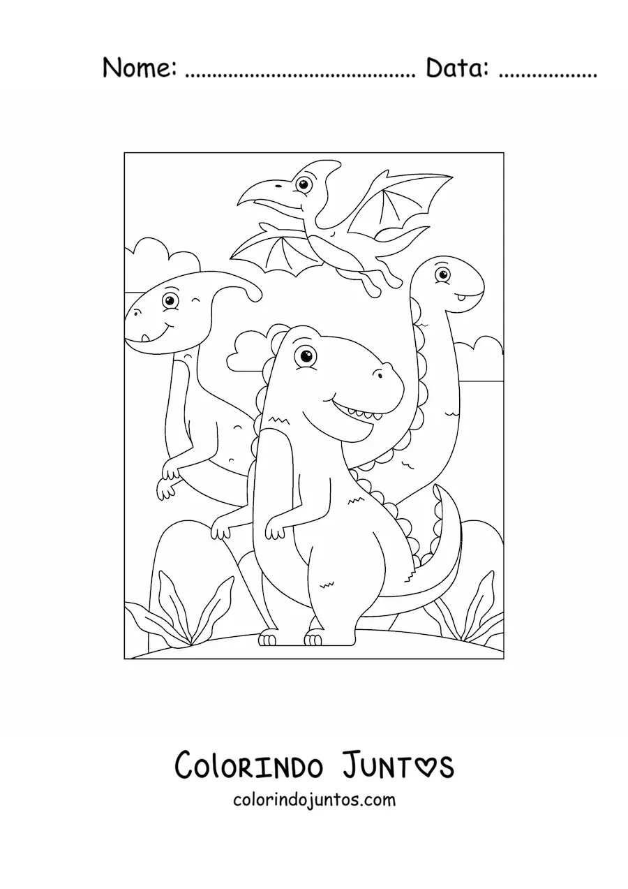 Desenho para colorir de dinossauros terrestres e pterodáctilo voando