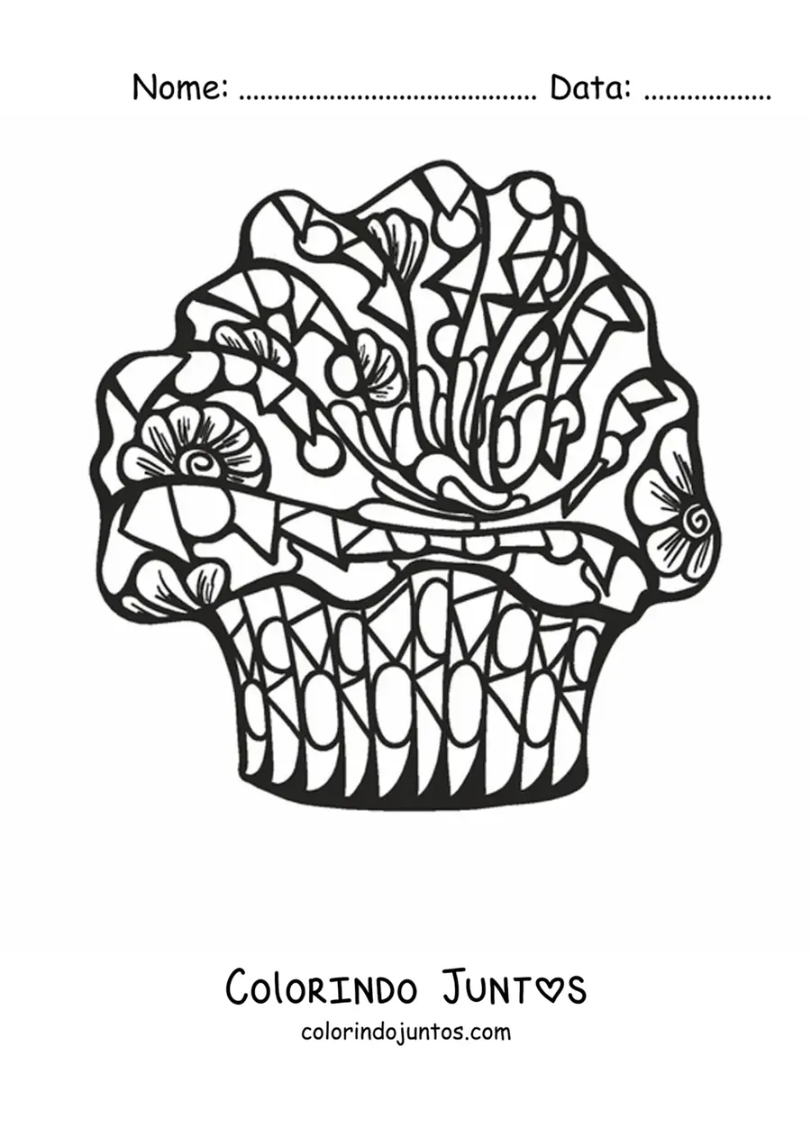 Desenho para colorir de um cupcake com figuras geometricas