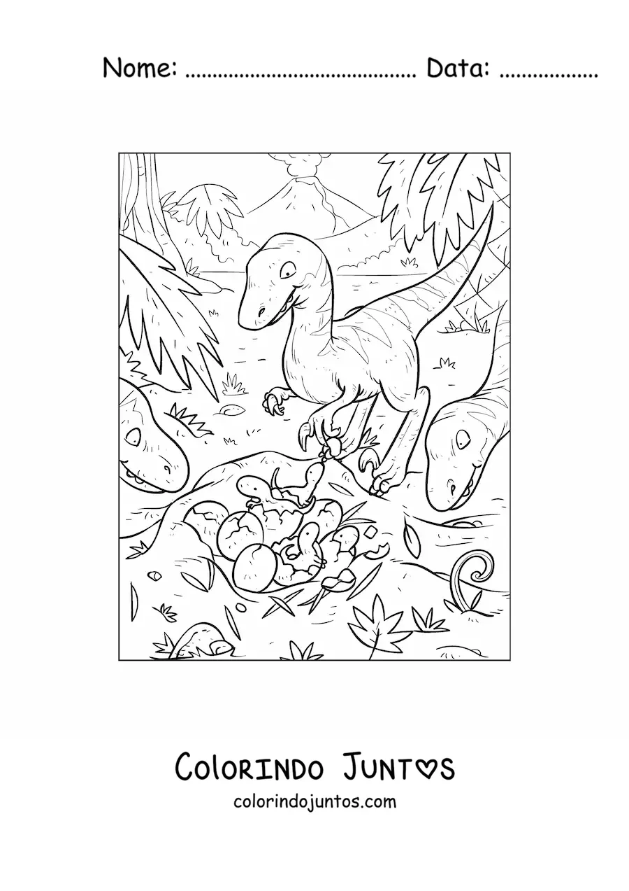 Desenho para colorir de velociraptor bebê com a mamãe