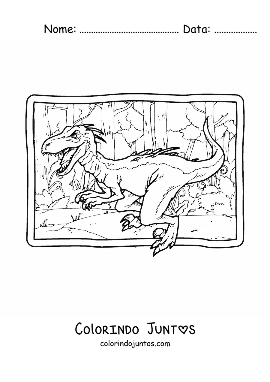 Desenho para colorir de velociraptor realista em seu habitat