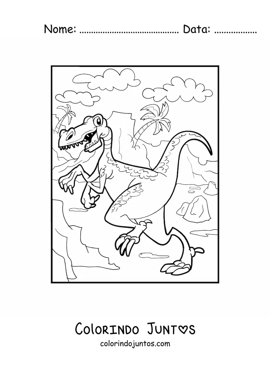 Desenho para colorir de velociraptor animado em seu habitat