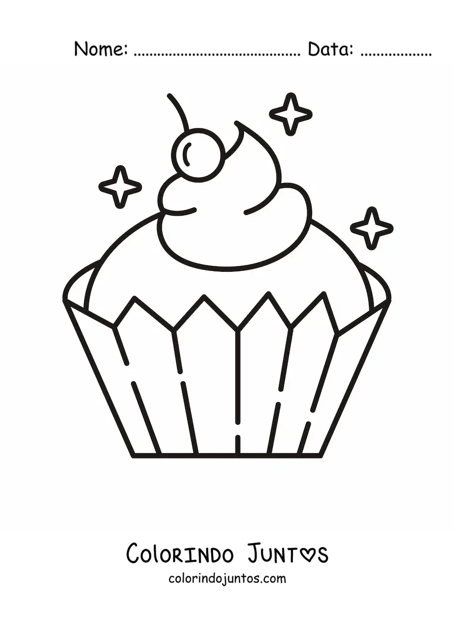 Desenho para colorir de um cupcake com uma cereja em cima do glace e brilhos