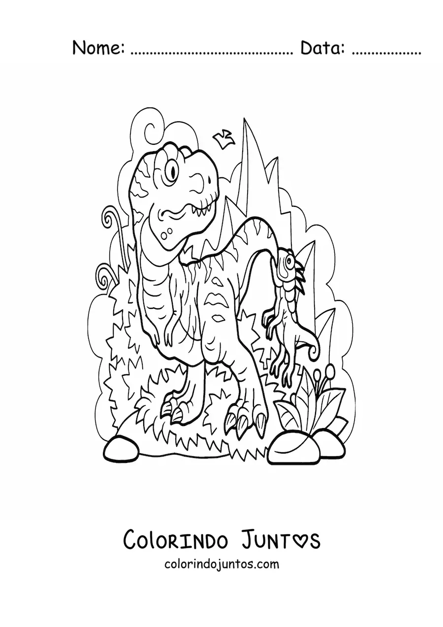 Desenho para colorir de tiranossauro rex carnívoro em seu habitat