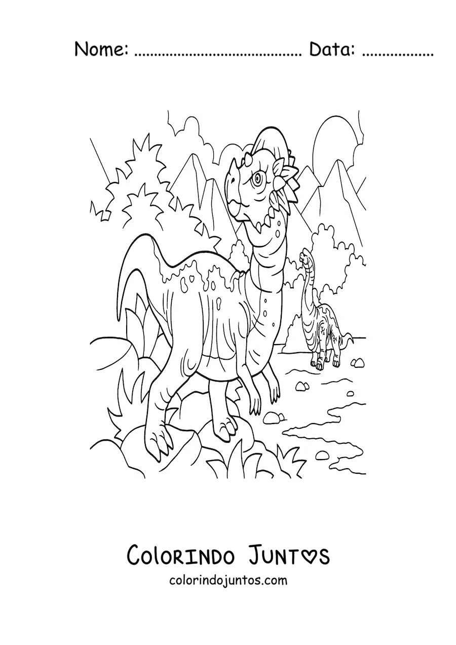 Desenho para colorir de dinossauro carnívoro bípede em seu habitat