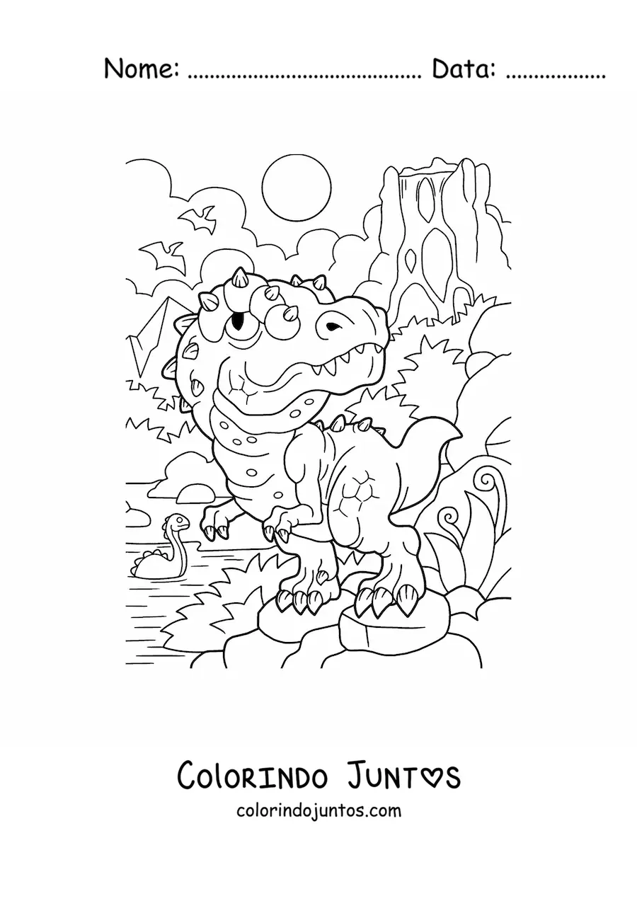 Desenho para colorir de dinossauro carnívoro bebê em seu habitat