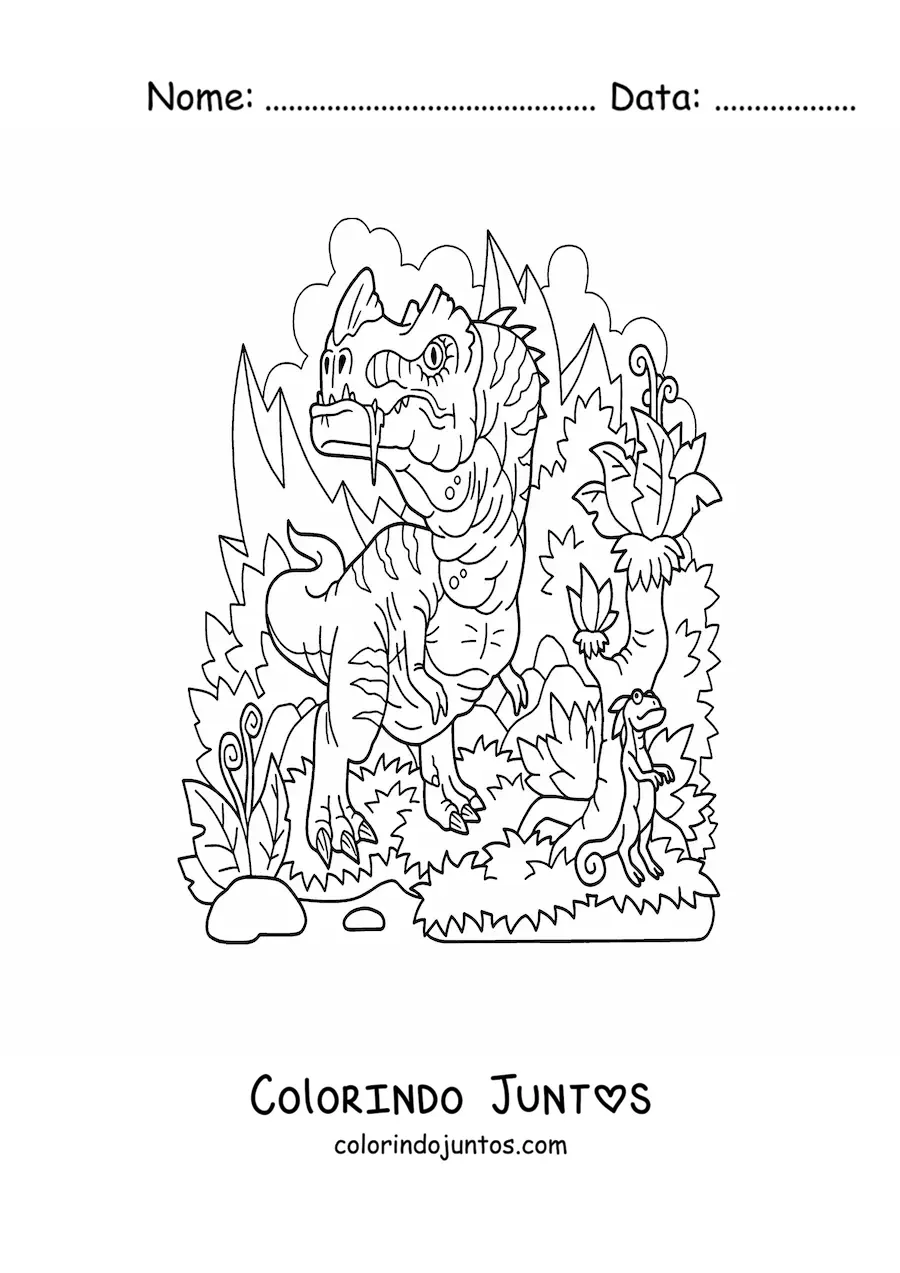 Desenho para colorir de dinossauro carnívoro grande e perigoso caçando