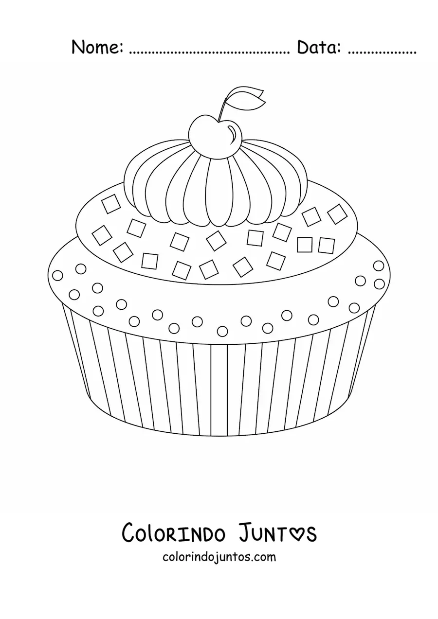 Desenho para colorir de um cupcake com glace e uma cereja em cima