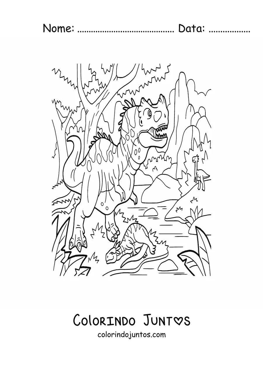 Desenho para colorir de dinossauro carnívoro perigoso terrestre caçando