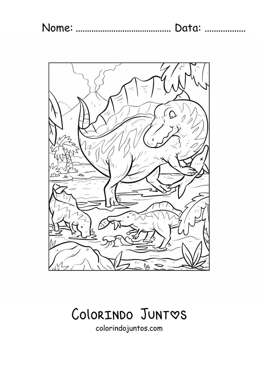 Desenho para colorir de espinossauro carnívoro em seu habitat com seus filhotes