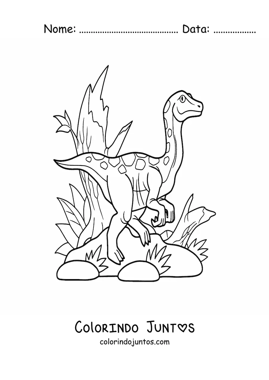 Desenho para colorir de compsognathus carnívoro em seu habitat