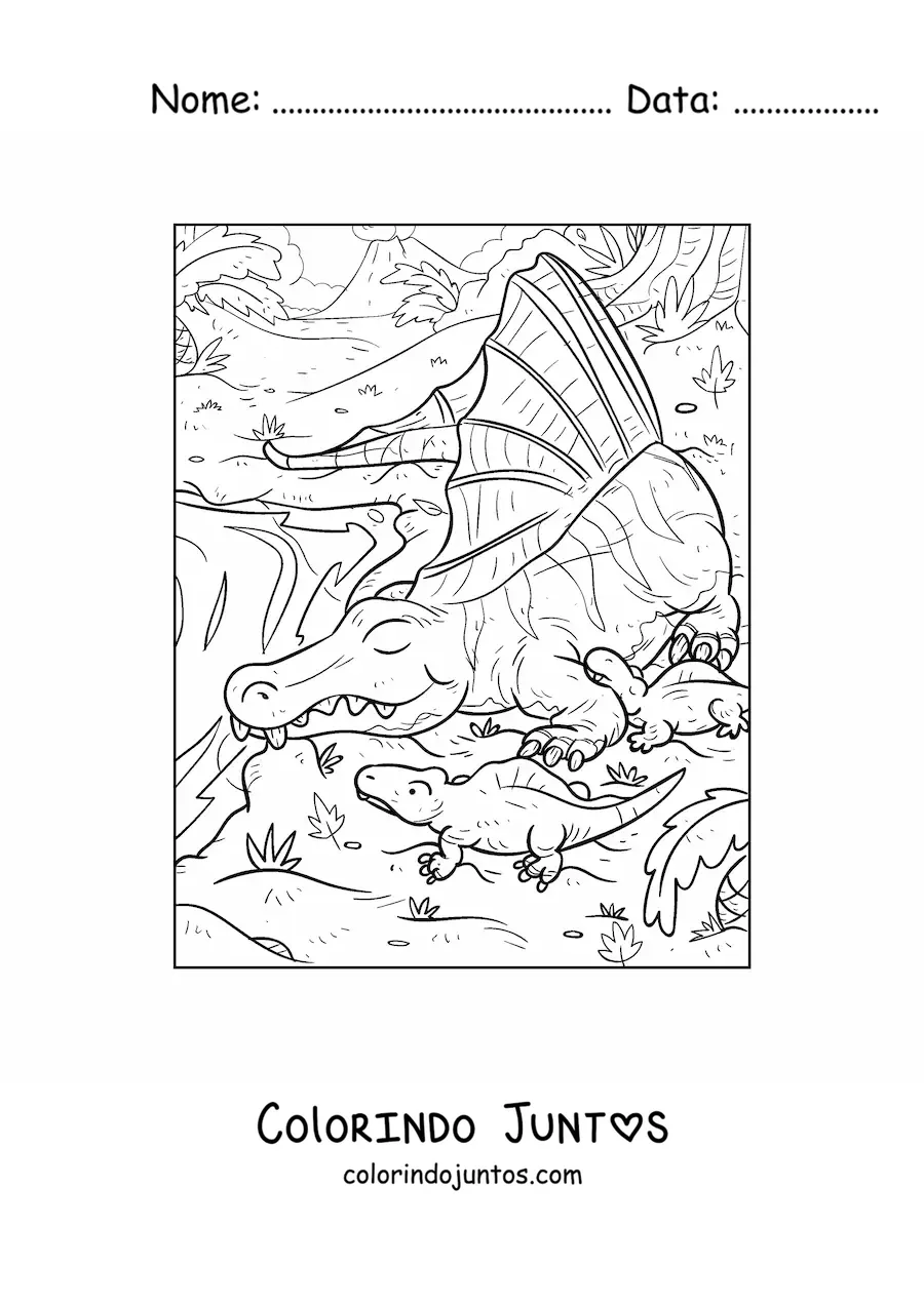 Desenho para colorir de arizonasaurus carnívoro em seu habitat com seus filhotes