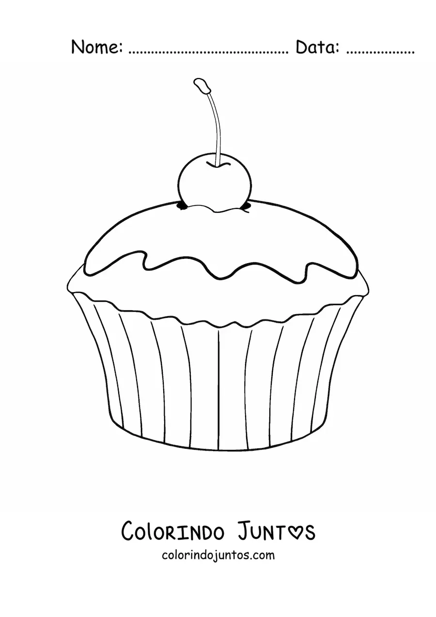 Desenho para colorir de um cupcake com uma cereja em cima