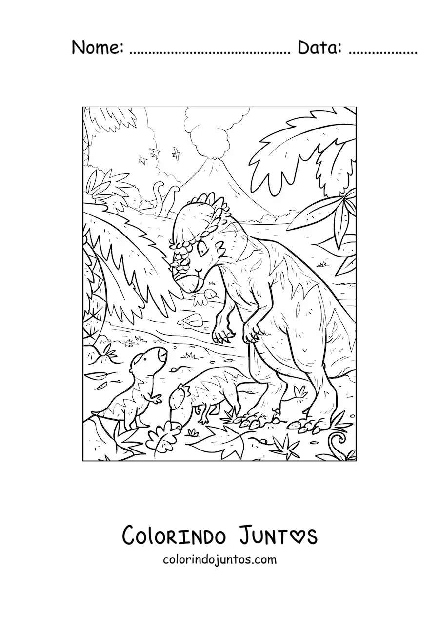 Desenho para colorir de paquicefalossauro onívoro com seus filhotes