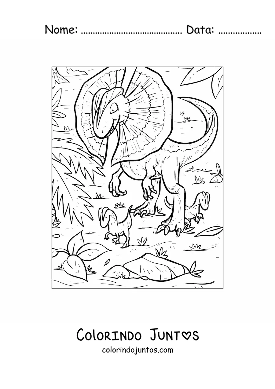 Desenho para colorir de dilofossauro carnívoro em seu habitat com seus filhotes