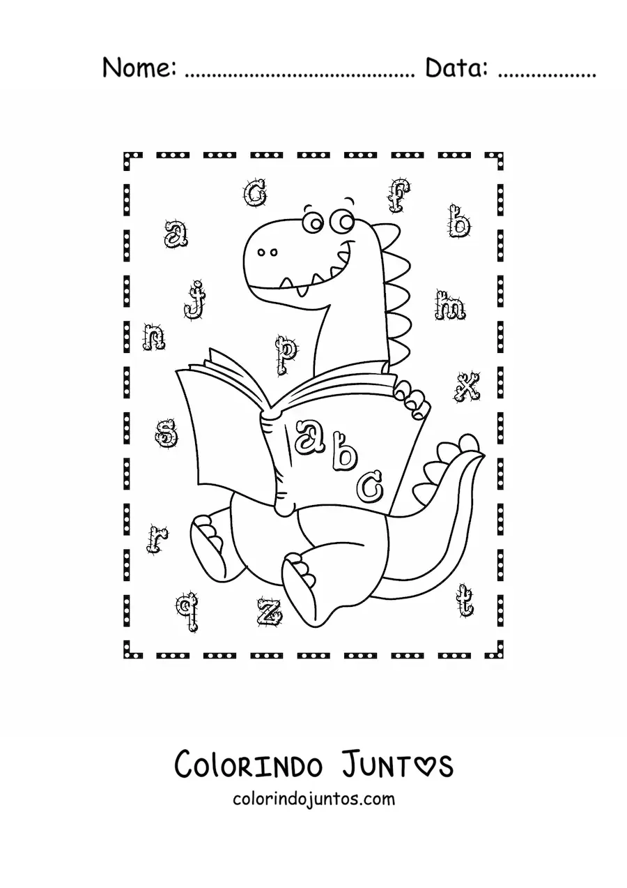 Desenho para colorir de dinossauro carnívoro animado lendo um livro