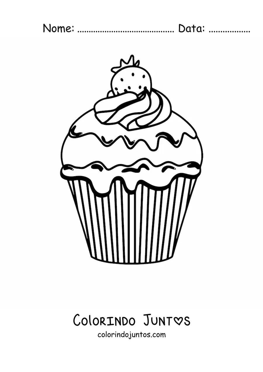 Desenho para colorir de um cupcake com glace e um morango em cima