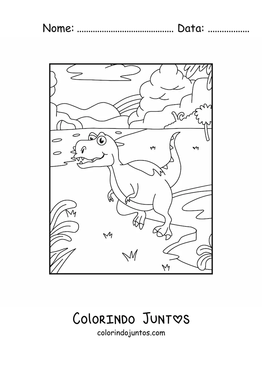 Desenho para colorir de dinossauro carnívoro animado em frente a um vulcão