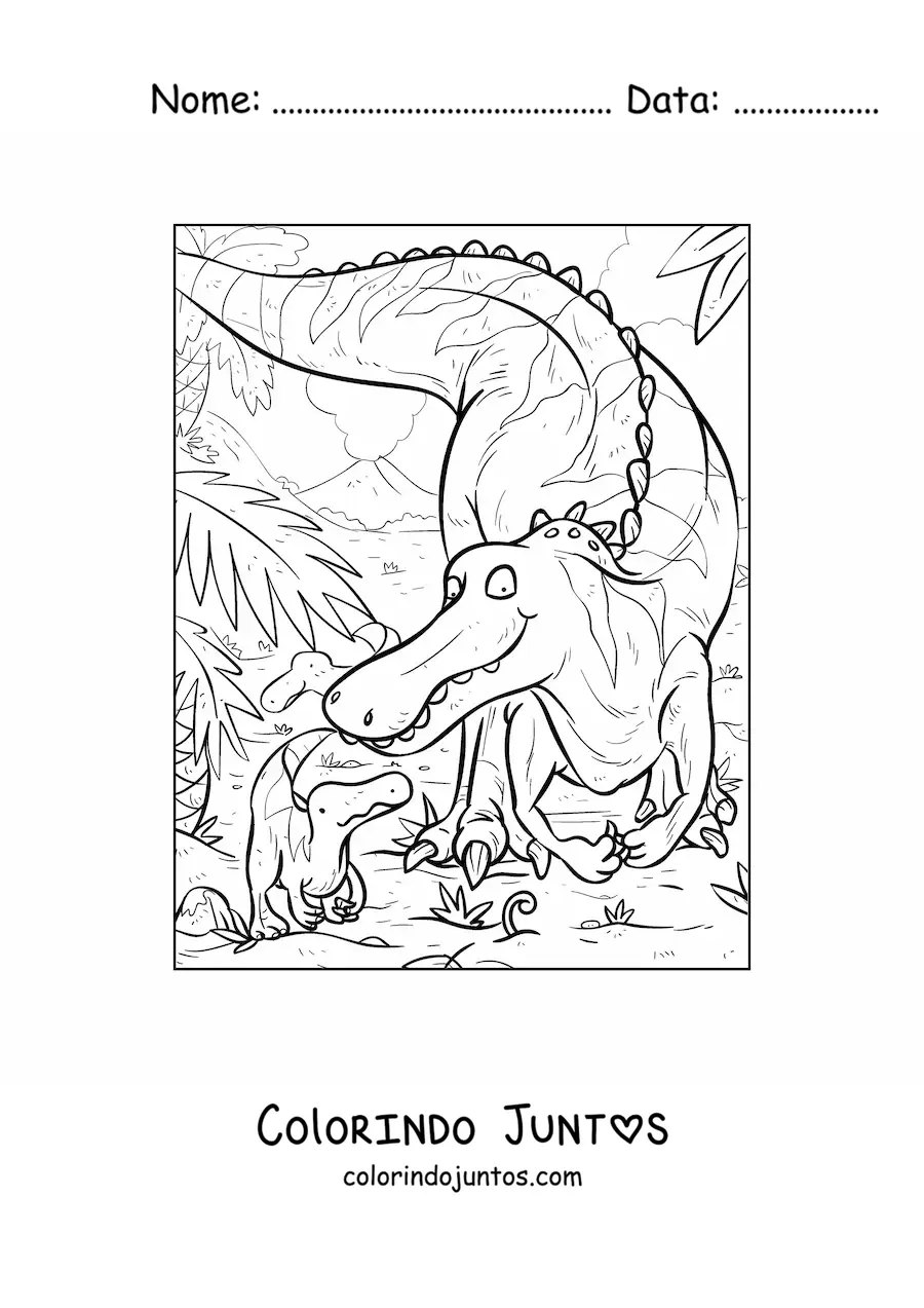 Desenho para colorir de dinossauro carnívoro com seu filhote