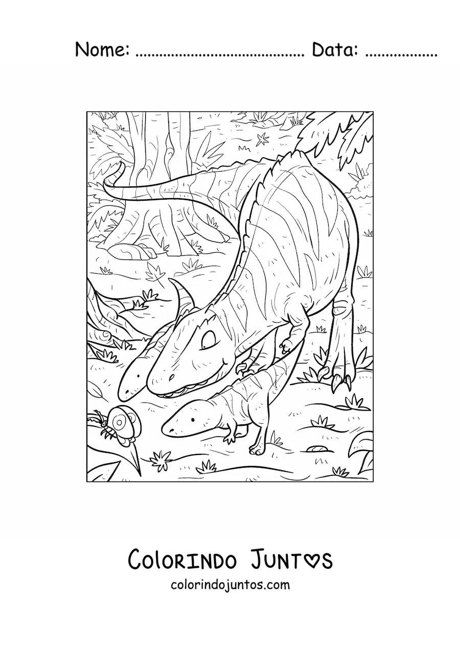 Desenho para colorir de dinossauro carnívoro caçando com seus filhotes