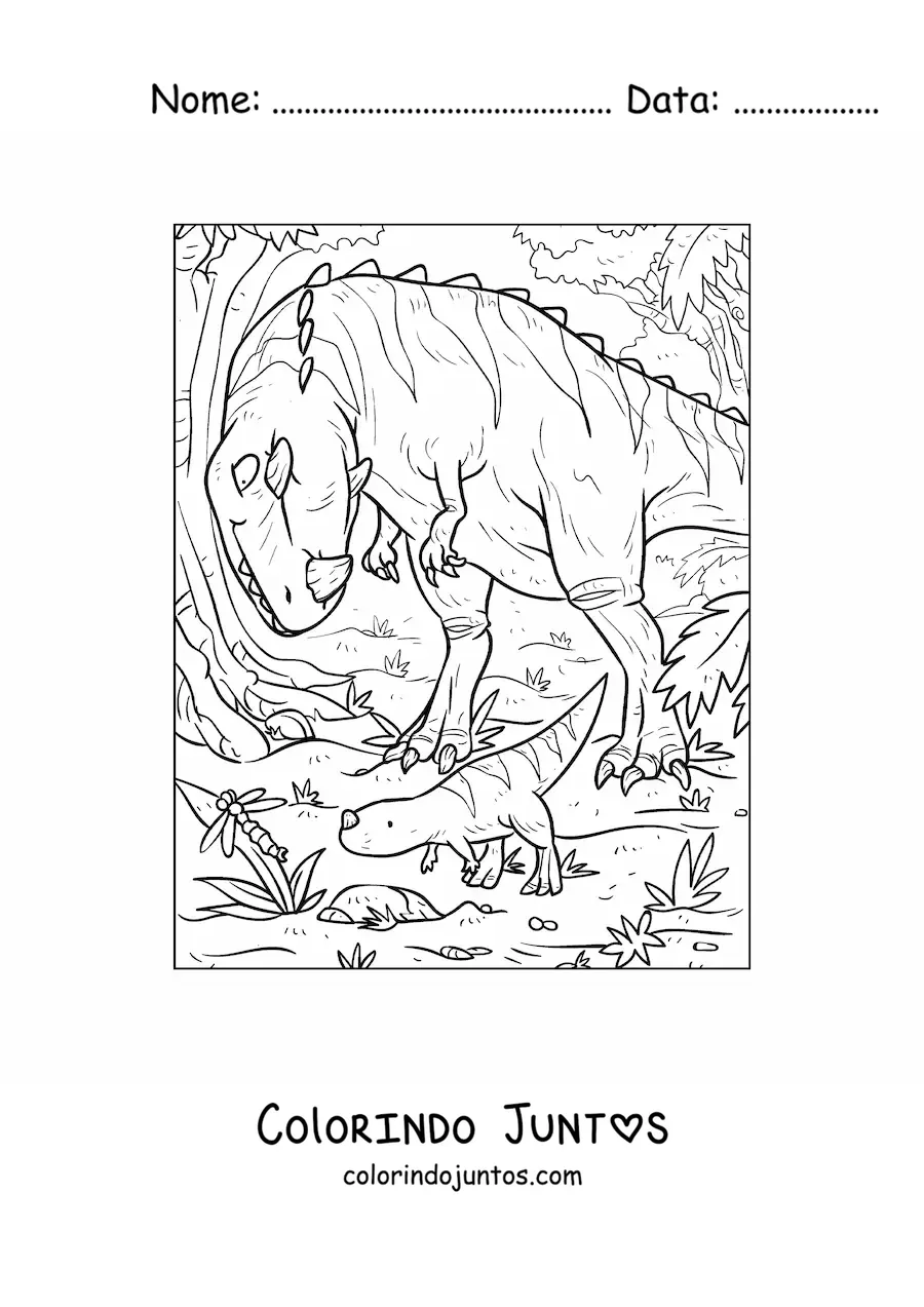Desenho para colorir de dinossauro carnívoro com um chifre caçando com seus filhotes